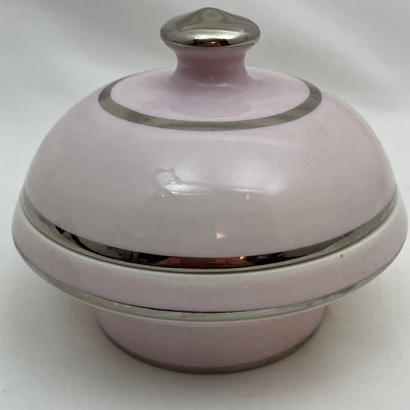 Vintage Art Deco powder bowl, pink grey ceramic, vanity decor - Picture 1 of 8